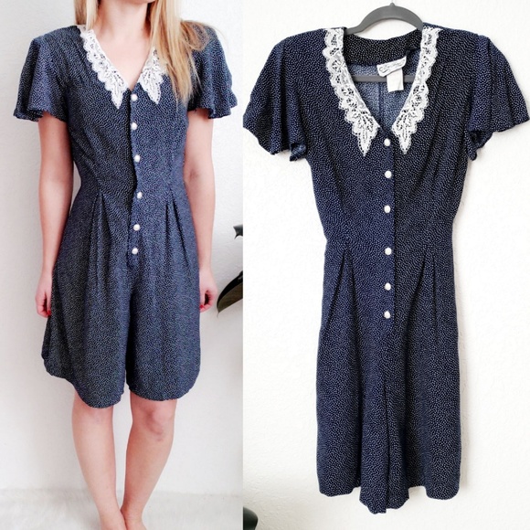 Vintage Pants - 90s Vintage 266 Polka Dot Lace Button Down Romper